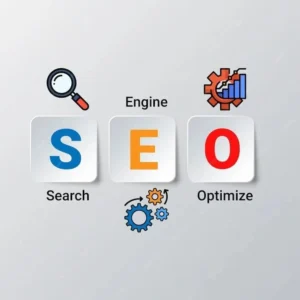 SEO illustration with search and analytics.